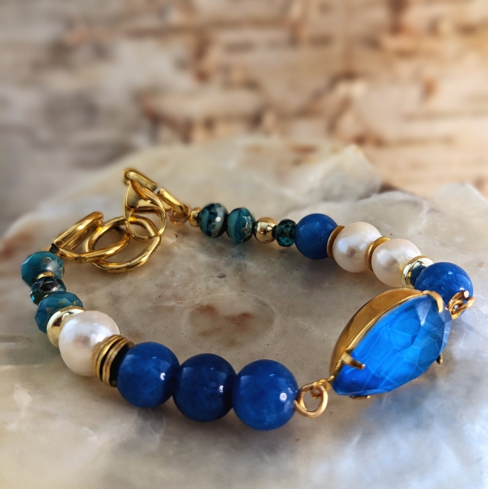 Dark Blue Jade,  Picasso Blue Beads & Pearls Crystal Pendant  Bracelet - Picture 2 of 7